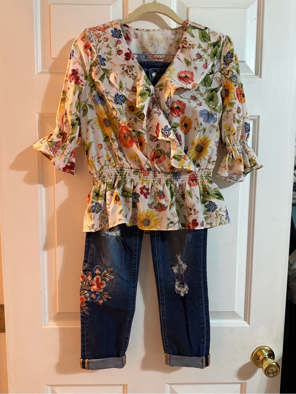 Miss Me Jeans with Embroidered Flowers and Floral Wrap Peplum Top